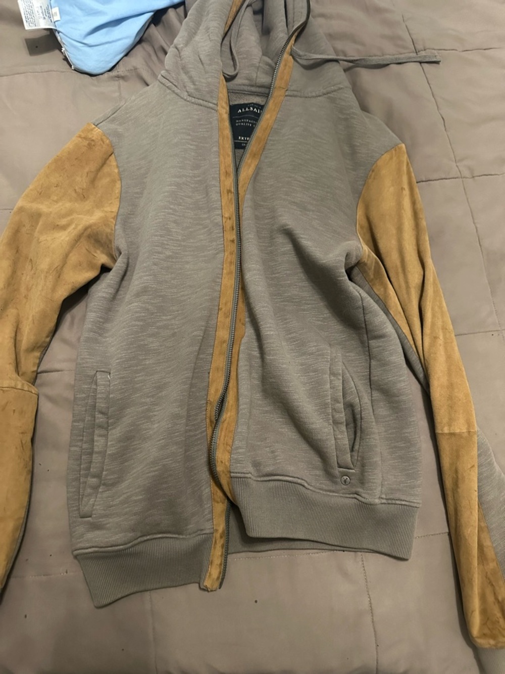 All Saints Two-Tone Khaki and Tan Hooded Shirt Jacket